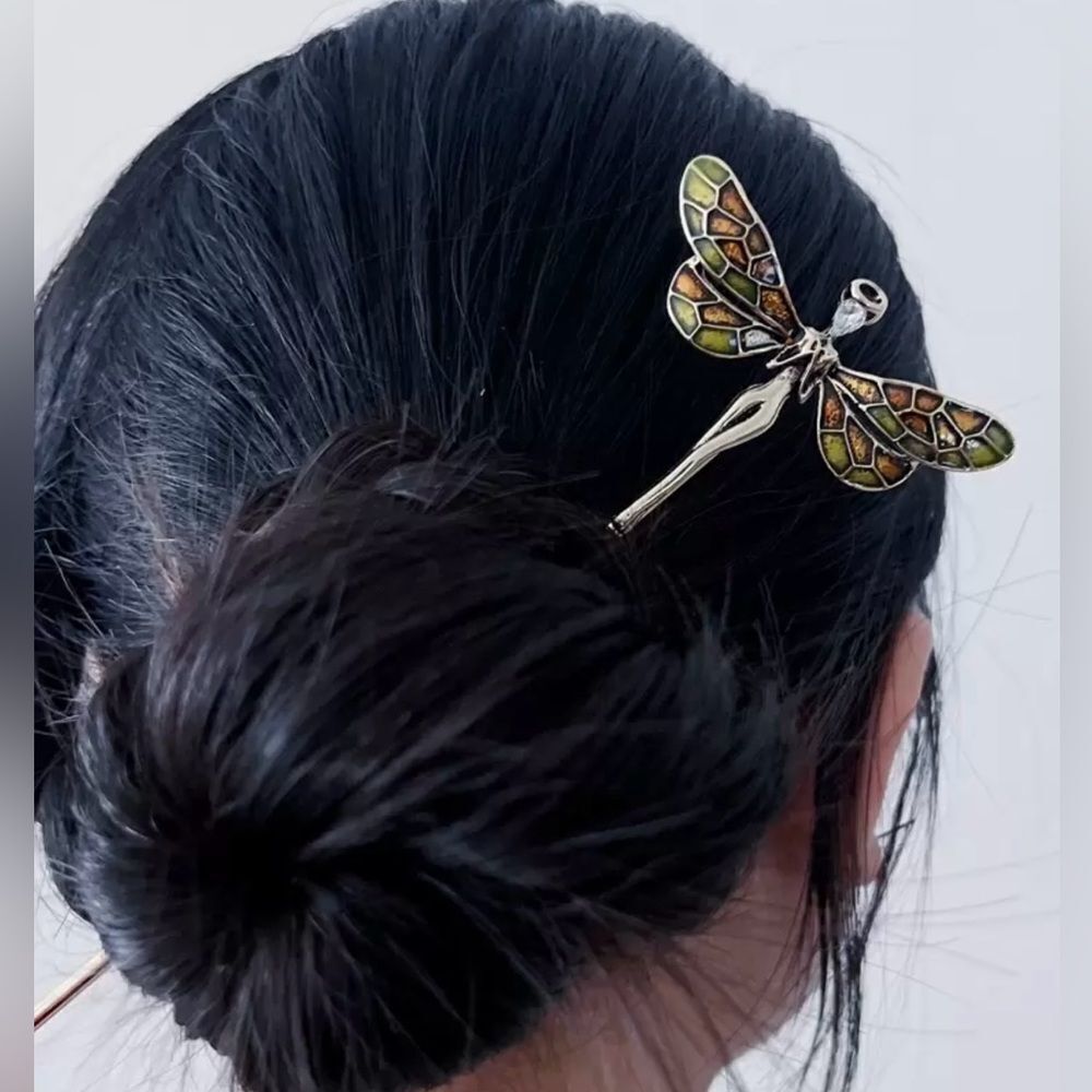 Cottagecore Fairy Goddess Hair Pin Antique Gold Tone, Muti Colored Wings, - Picture 1 of 7